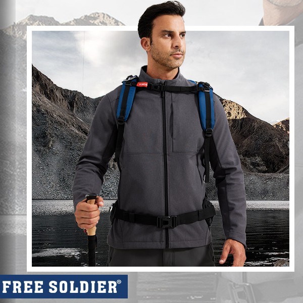 自由兵鲨鱼皮立领软壳衣外套防风防泼薄绒户外登山徒步男防寒轻便