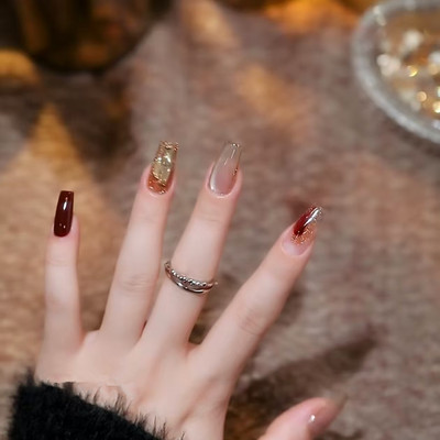 纯手工穿戴甲2025年新款碎钻秋冬成品中长款高级感猫眼假指甲贴