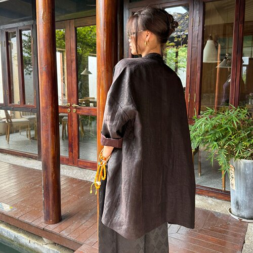 【紫檀】100%桑蚕丝张林根缎龟非遗香云纱手工新中式圆领长款外套