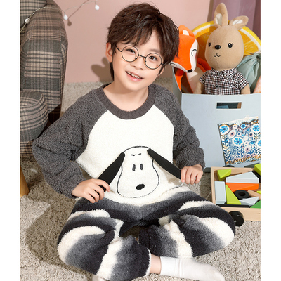 秋冬季男童珊瑚绒睡衣儿童法兰绒加厚款大耳狗套装女孩保暖家居服