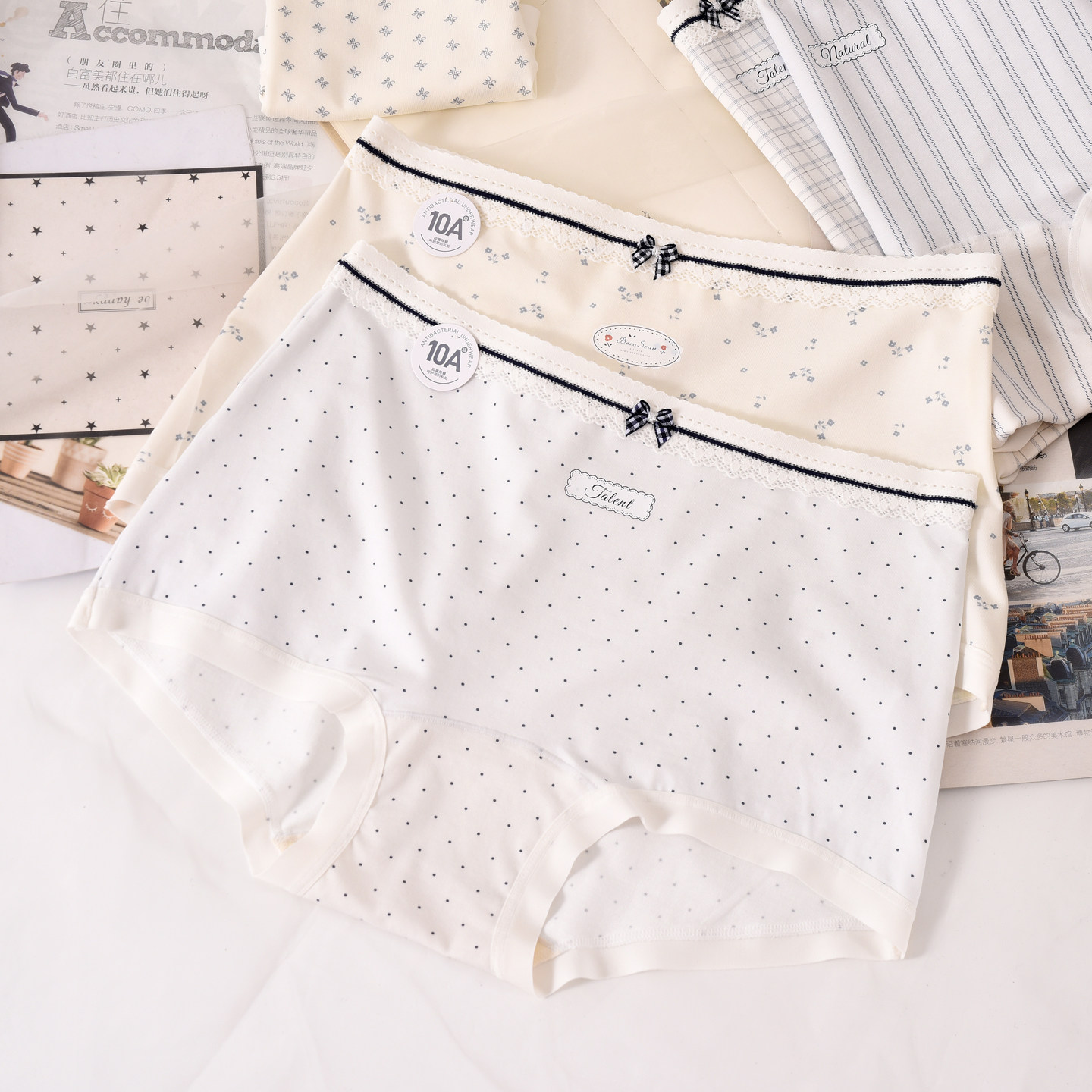 莱赛尔棉中高腰内裤女韩版蕾丝格子条纹碎花包臀大码胖MM三角裤