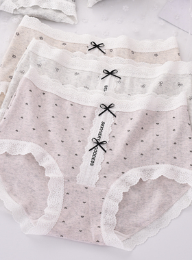 纯棉印花内裤女中腰蕾丝边大码胖MM宽松包臀蝴蝶结棉质面料三角裤