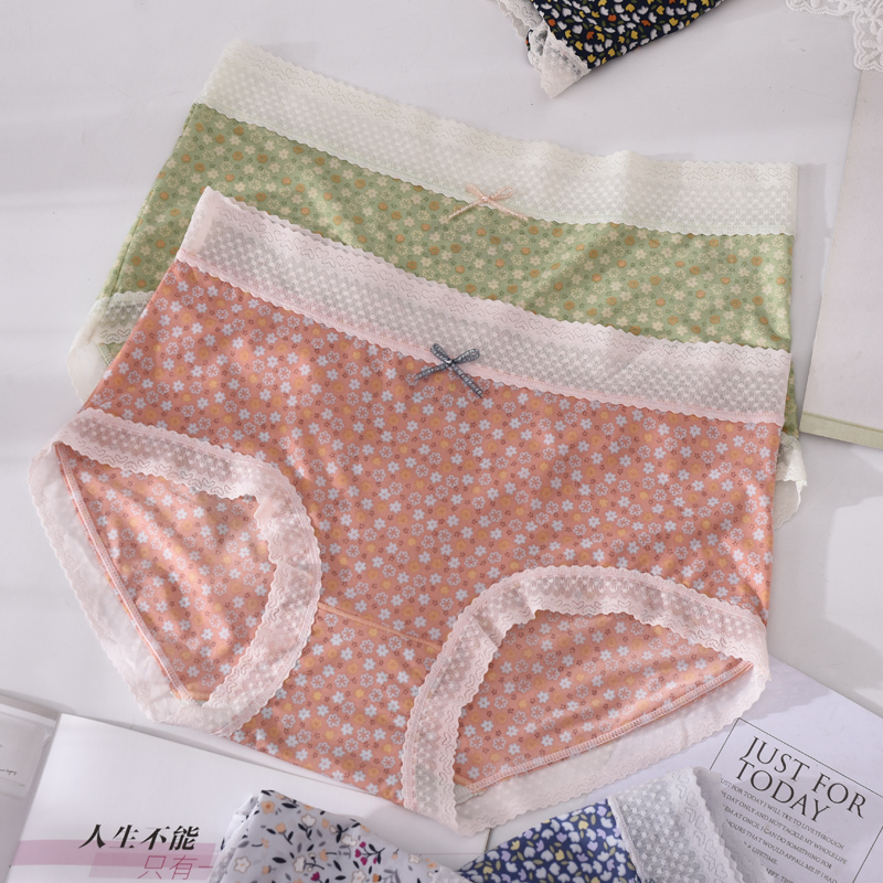 冰丝印花内裤女中腰蕾丝