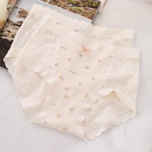 透明性感 棉质面料网孔夏季 加长底裆纯棉印花蕾丝内裤 女中腰大码