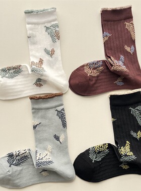 【Noia】韩系花朵网眼袜子女日系复古花朵中筒袜小花边透气堆堆袜