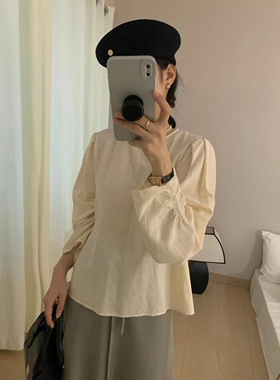 【wuli】韩系简约圆领通勤小清新纯色小衫单排扣宽松套头百搭衬衫