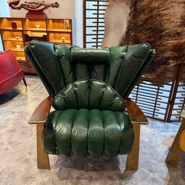 茶室会所真皮休闲椅轻奢主人椅头层牛皮油蜡沙发椅战神椅sz