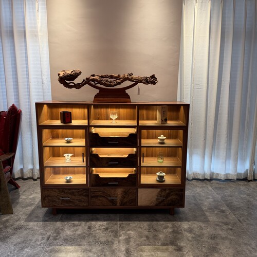 120*150茶室背景柜实木收纳柜真皮毛别墅多用途收纳柜靠墙中高柜