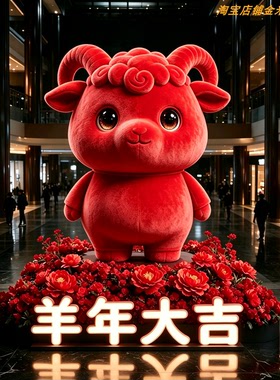 羊年大吉红色毛绒吉祥物落地摆件