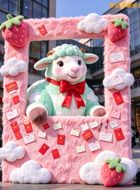 卡通羊驼毛绒拍照框春节美陈摆件