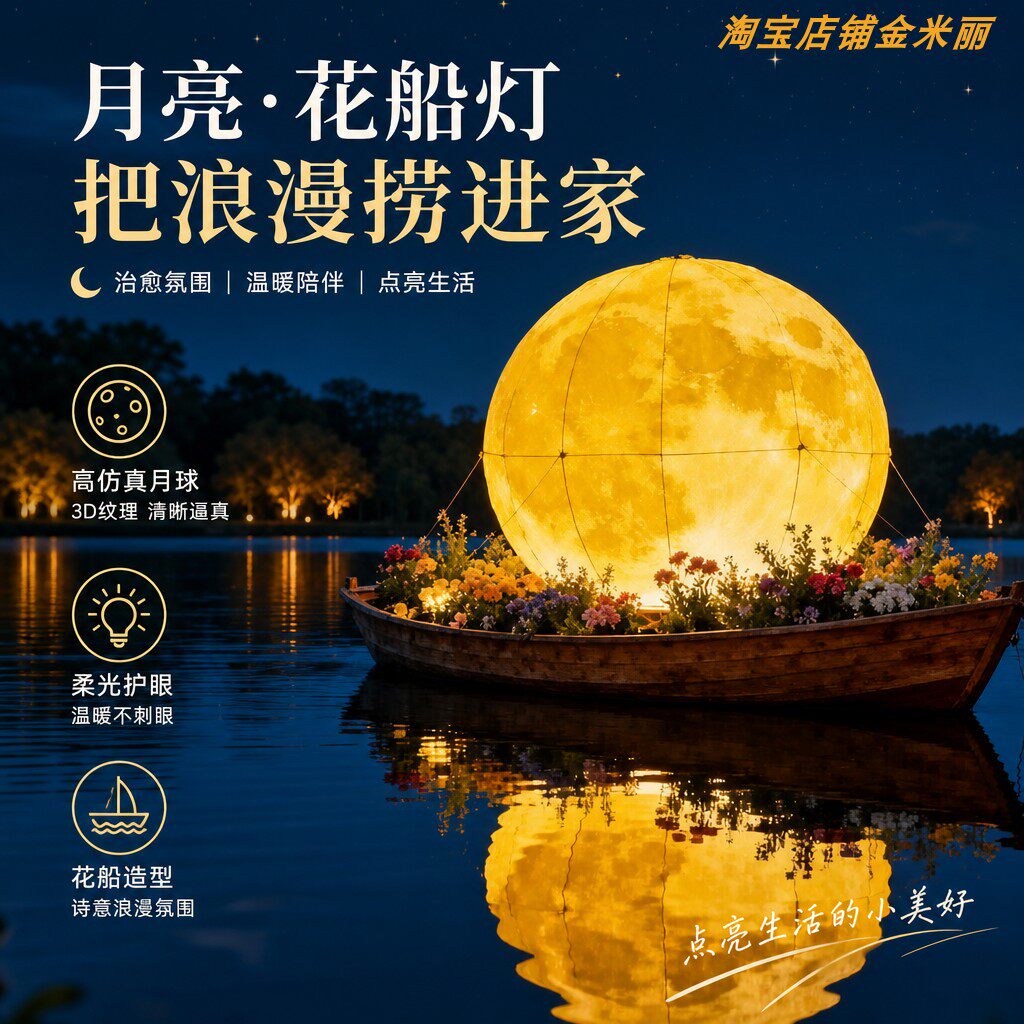 中秋节发光月亮花船场景布置户外景区造景商场展厅美陈道具摆件