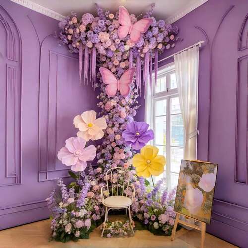 紫色系仿真花瀑布装饰蝴蝶