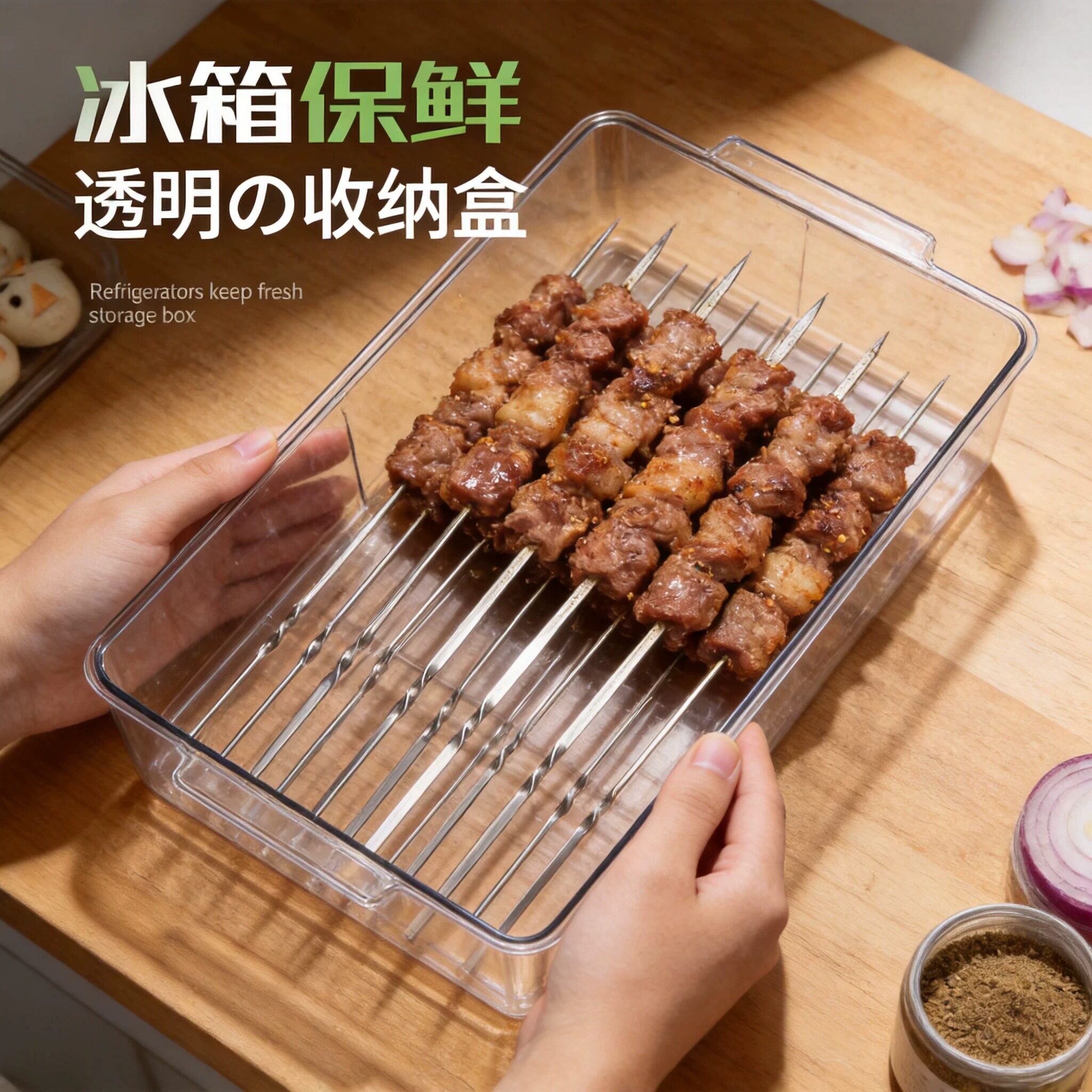 羊肉串收纳盒水果蔬菜分装盒加长食品级冰箱带盖保鲜盒冷冻肉盒图片