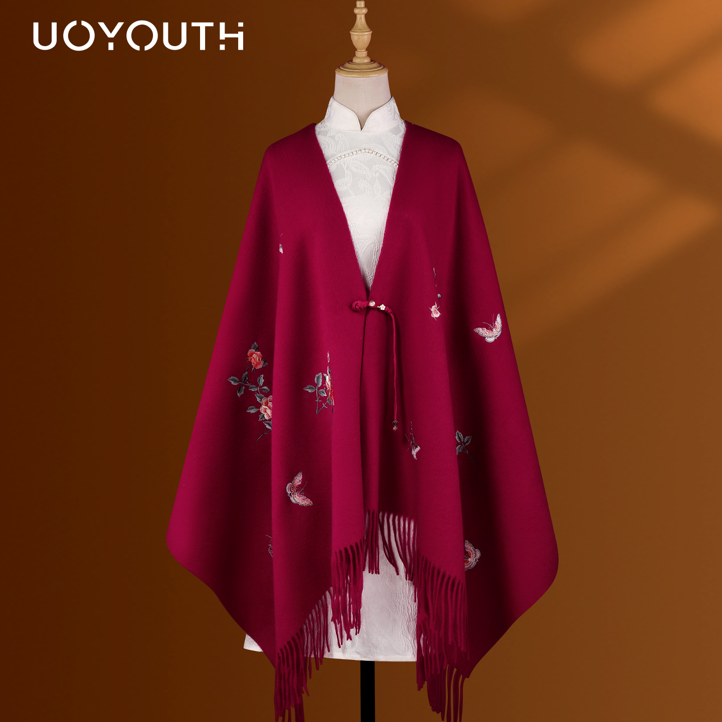 红色斗篷披肩外搭女纯羊毛围巾