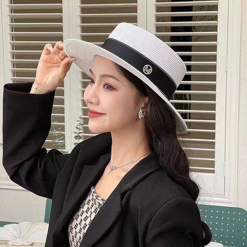 ins网红草帽女夏天复古英伦平顶礼帽韩版小清新沙滩防晒遮阳帽潮