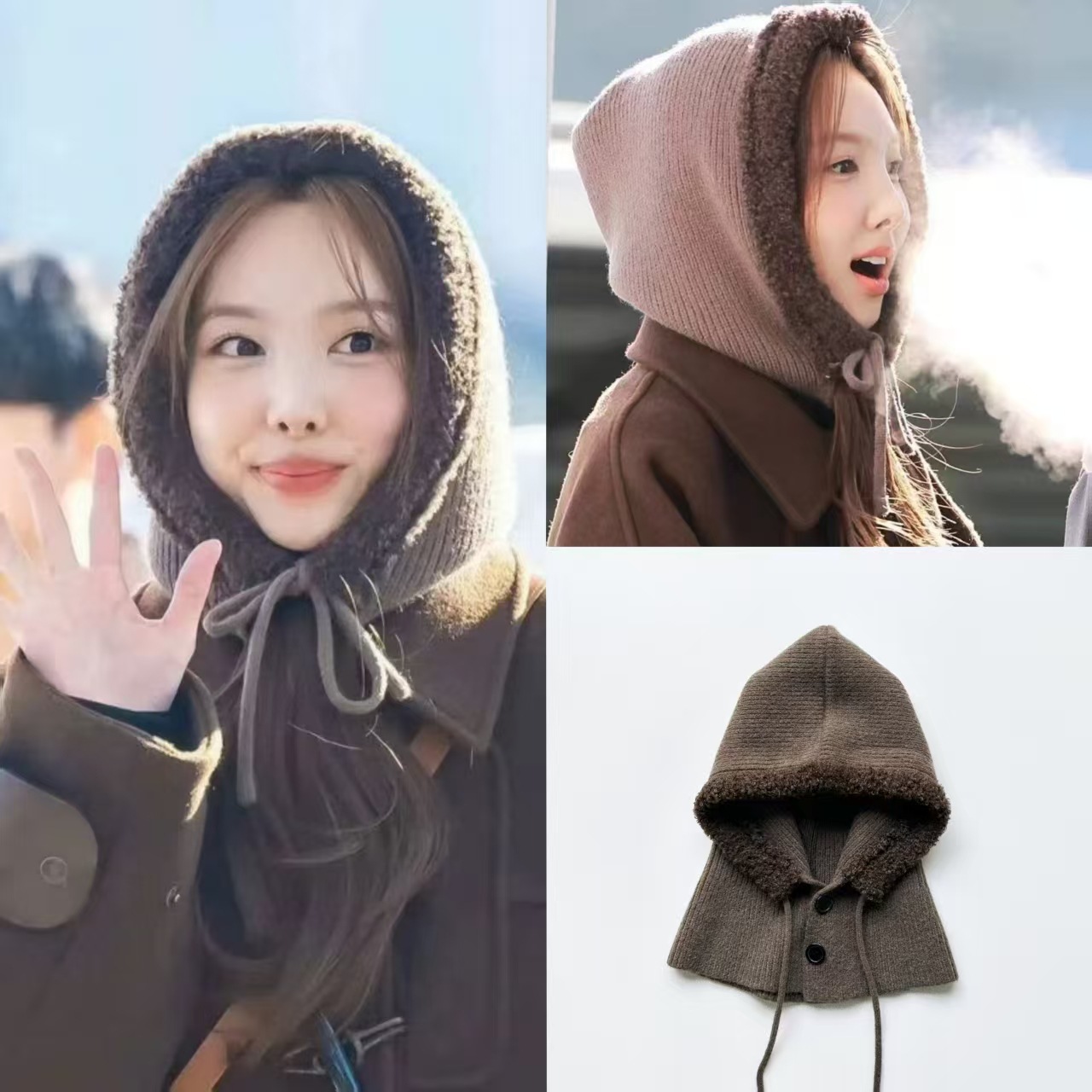 韩国小众 林娜琏同款 可爱针织系带连脖帽保暖护耳包头毛线帽