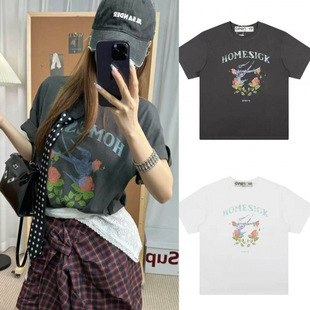 T恤女 玫瑰花飞燕印花圆领宽松短袖 韩国小众潮牌open yy李知恩同款