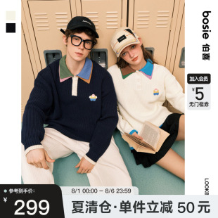针织衫 新款 小花人系列 情侣撞色毛织拼接Polo领毛衣 bosie春季