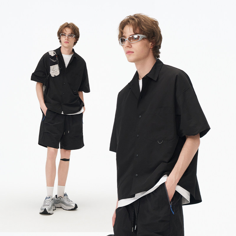 bosie美式复古纯色简约短袖衬衫男夏季户外速干运动百搭衬衣外套E