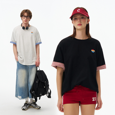 bosie复古格纹拼接短袖T恤男女