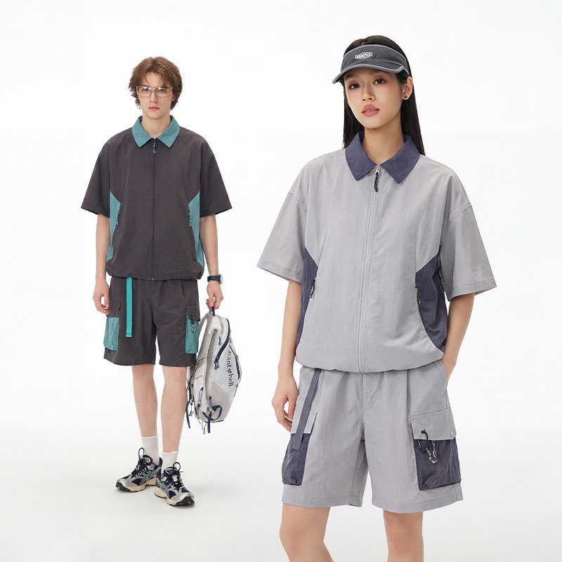 bosie撞色拼接工装休闲套装男女夏季薄款宽松凉感运动polo短裤潮E