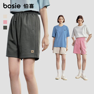 短裤 子 bosie2夏季 新款 皮标侧条拼接裤 小花人系列 男情侣个性