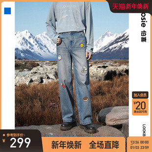 趣味绣花牛仔裤 新款 bosie伯喜2025年秋季 男情侣宽松潮 哆啦A梦