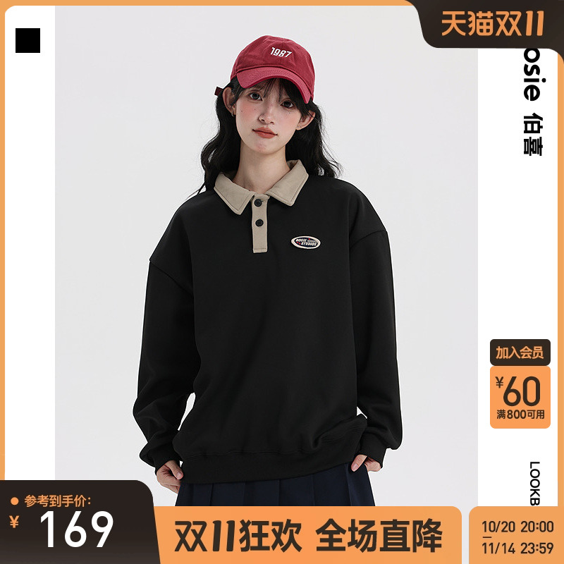 bosie2025年秋季新款套头长袖Polo衫男情侣翻领美式宽松休闲外套