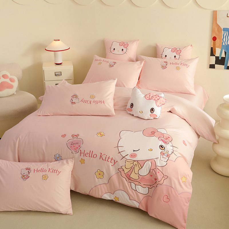 hellokitty儿童纯棉床上四件套女孩卡通凯蒂猫全棉床单被套三件套