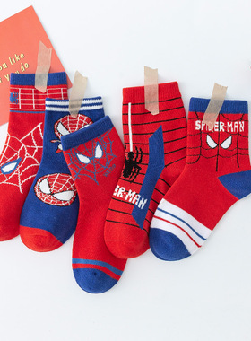 男童袜卡通蜘蛛侠红色袜春秋中筒袜纯棉薄款宝宝袜儿童袜子中大童