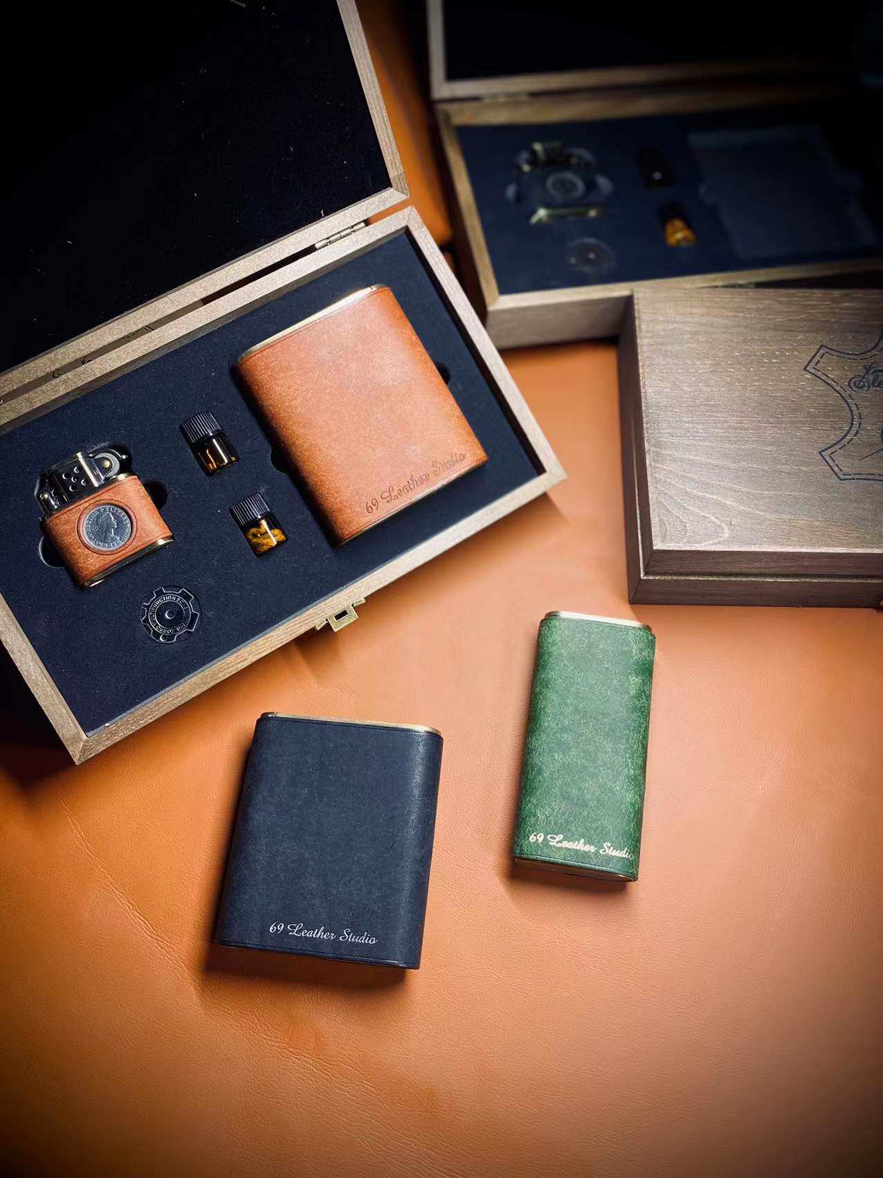 69原创 复古煤油打火机 黄铜烟盒磨砂牛皮机身送男友定制送礼套装