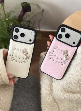ins焊锡皮纹KT猫蝴蝶结适用于苹果17promax手机壳iPhone16ppromax日韩创意铆钉14卡通卡通15防摔保护套13新款