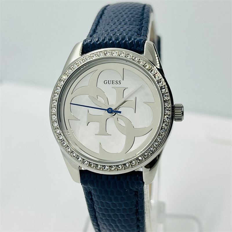 代购GUESS 女表 G-Twist水晶银色钢制28毫米蓝色皮革手表 W1212L