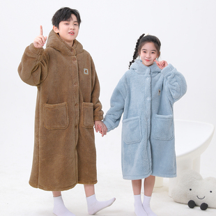 双层加厚儿童法兰绒睡袍珊瑚绒女童男童连帽浴袍亲子家居服睡衣