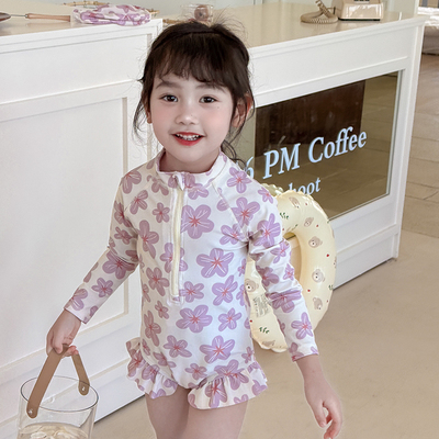 新款儿童速干游泳衣女宝宝连体长袖防晒泳装女童碎花中小童泳衣