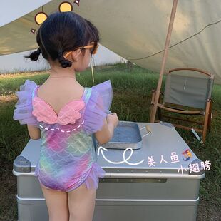 美人鱼连体泳衣小孩子游泳衣宝宝泳衣儿童洋气泳装 女童装 泡泡袖