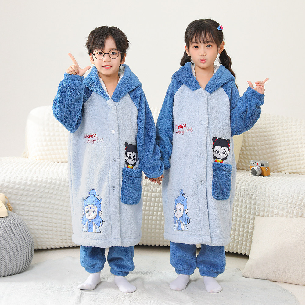 儿童哪吒敖丙睡袍珊瑚绒加绒加厚秋冬季连帽中长款卡通家居服浴袍