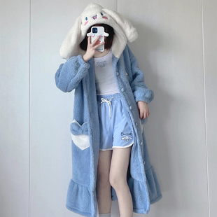 珊瑚绒睡衣女秋冬季款大耳狗可爱加绒加厚长款玉桂狗睡袍睡裙浴袍