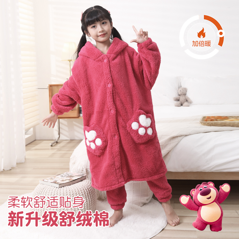 草莓熊女童睡衣儿童珊瑚绒睡袍秋冬法兰绒女孩加绒加厚外穿家居服
