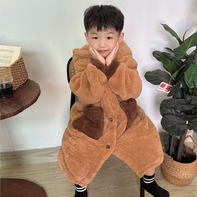 卡皮巴拉秋冬季可外穿珊瑚绒睡袍2025年新款睡衣男童卡通家居服