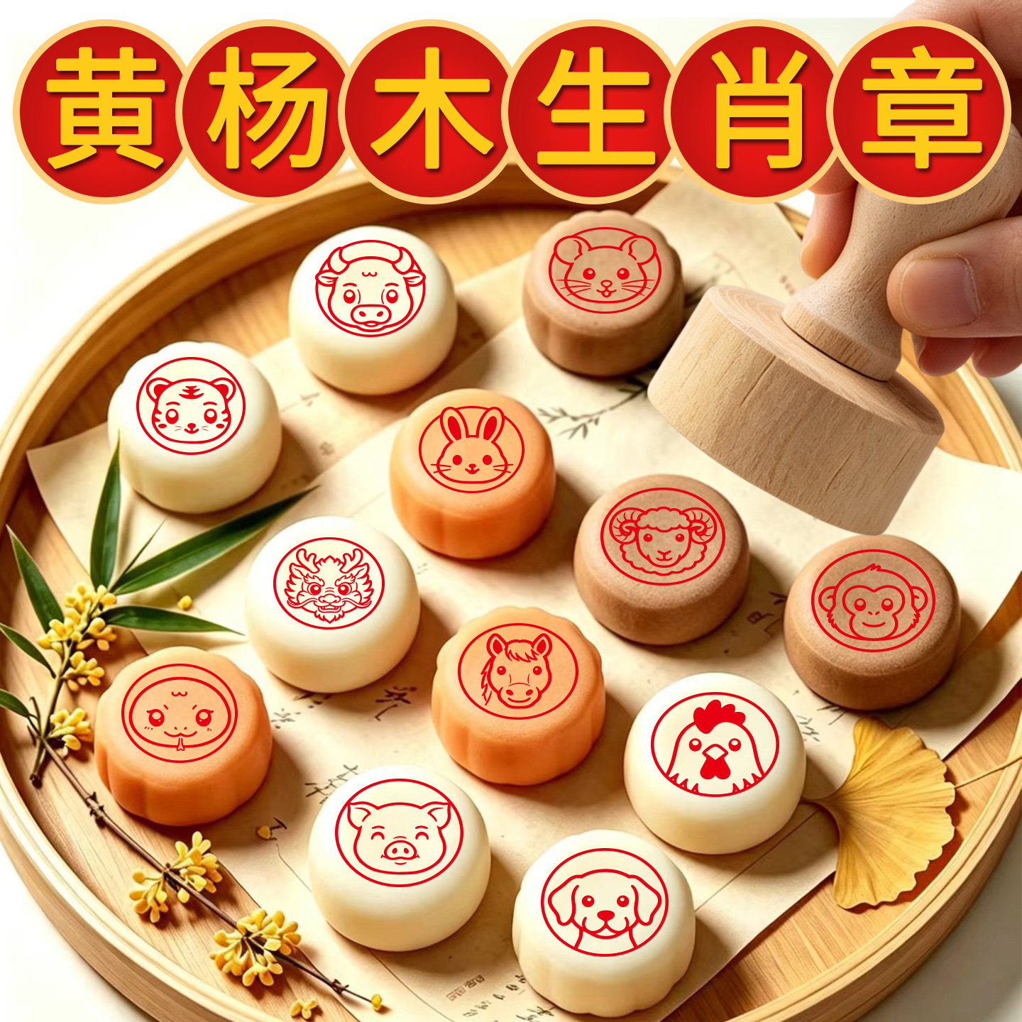 中式糕点面点面饼馒头喜饼十二生肖黄杨木印章私房烘焙自制糕点盖印图