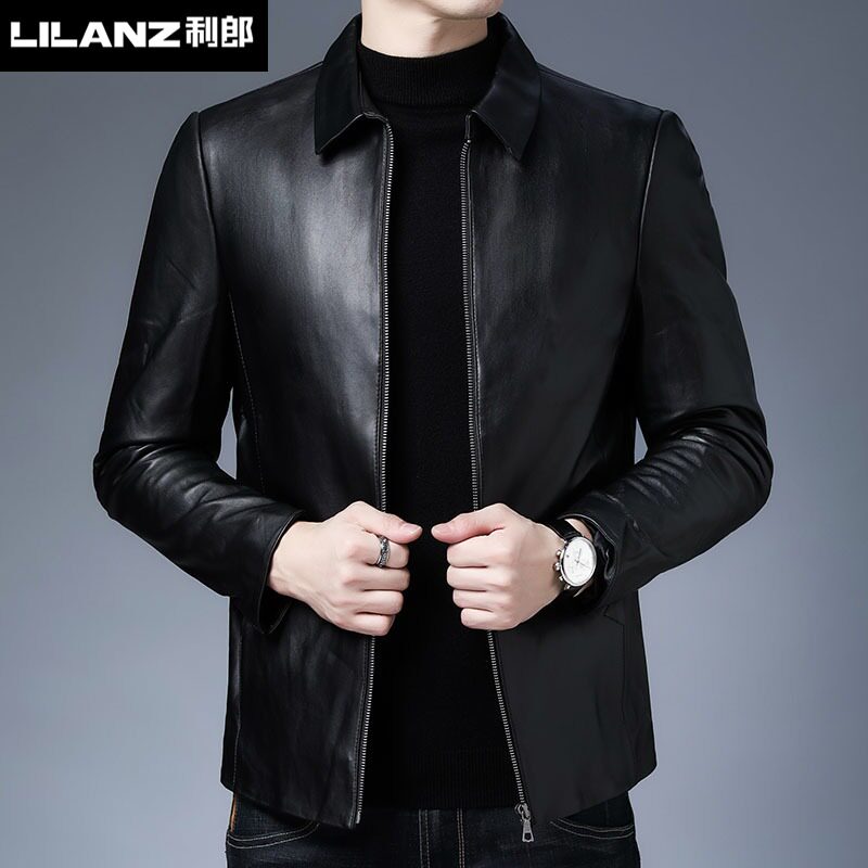 利郎官方皮衣男绵羊皮翻领夹克2023春秋新款时尚休闲男士真皮外套