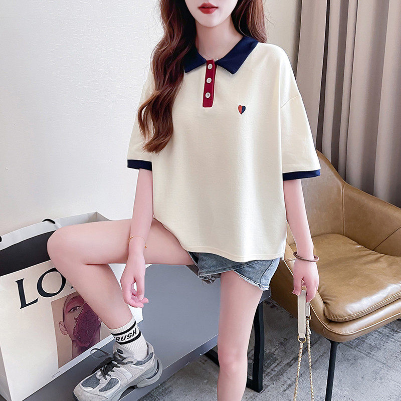 大码爱心刺绣polo领短袖t恤女图片