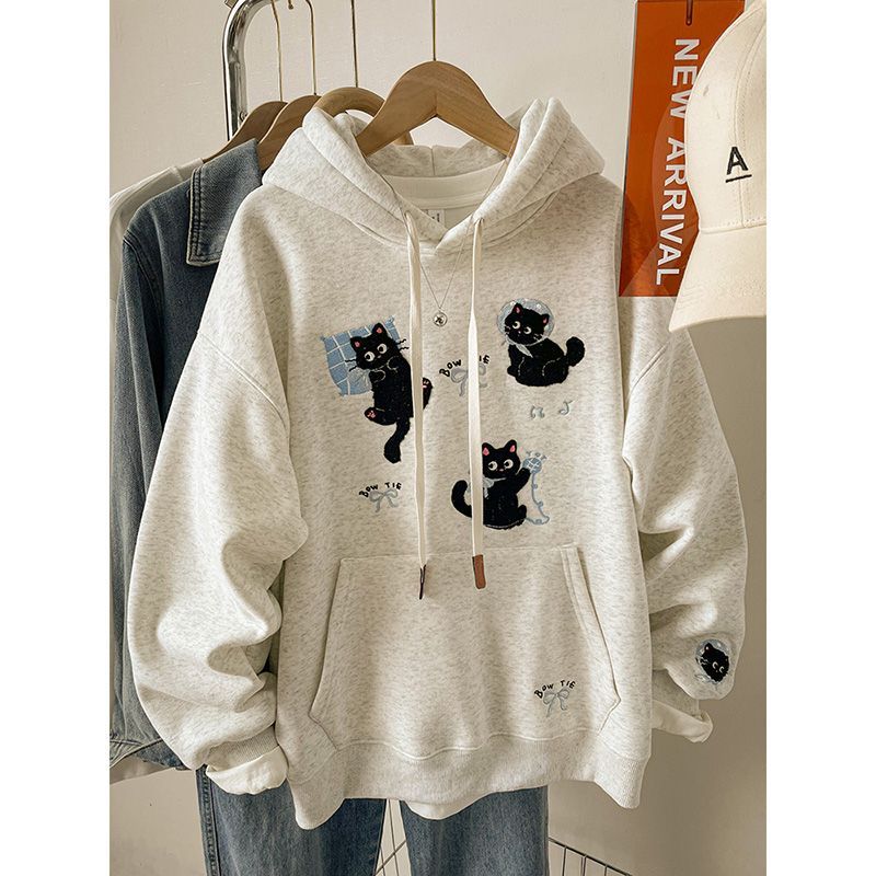 刺绣加绒连帽卫衣女外套秋冬新款大码胖mm宽松初高中学生帽衫上衣