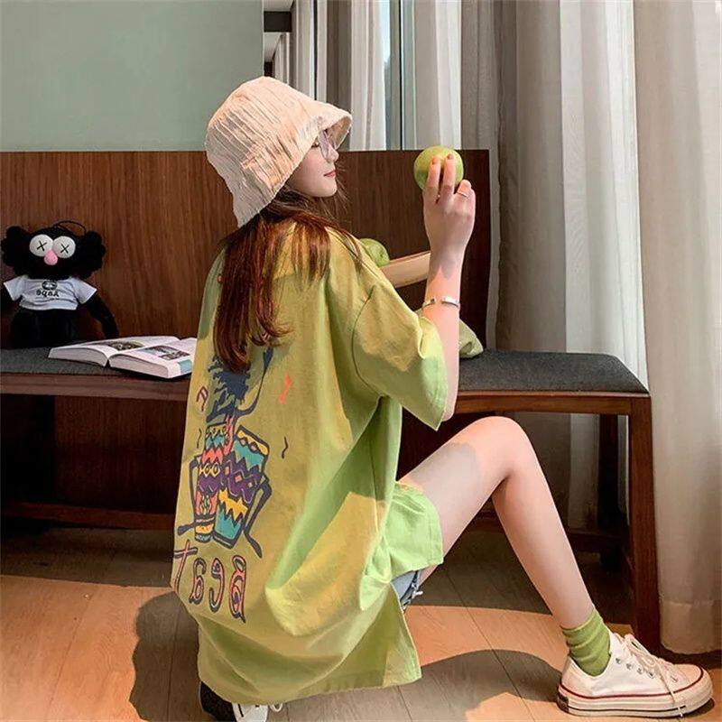 牛油果绿色纯棉t恤女短袖夏季美式复古小个子大码宽松中长款体恤