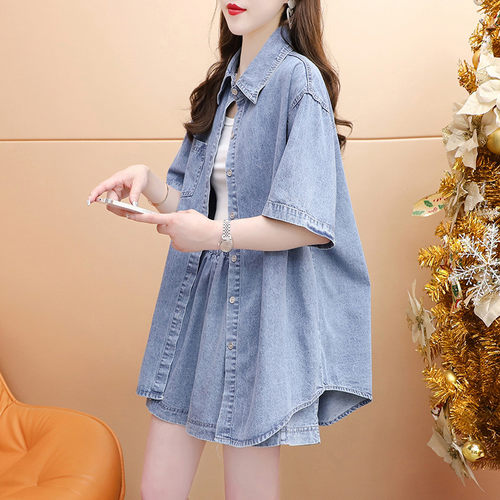 牛仔衬衫短裤两件套女夏季