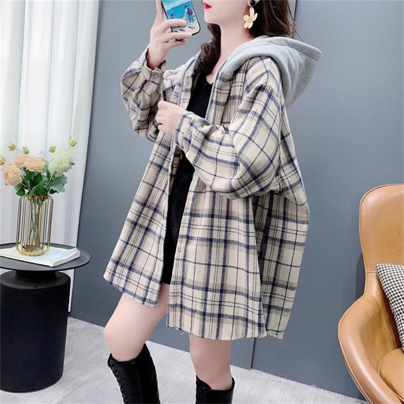 大码宽松格子连帽外套女秋冬装新款胖mm时尚洋气超好看慵懒风上衣