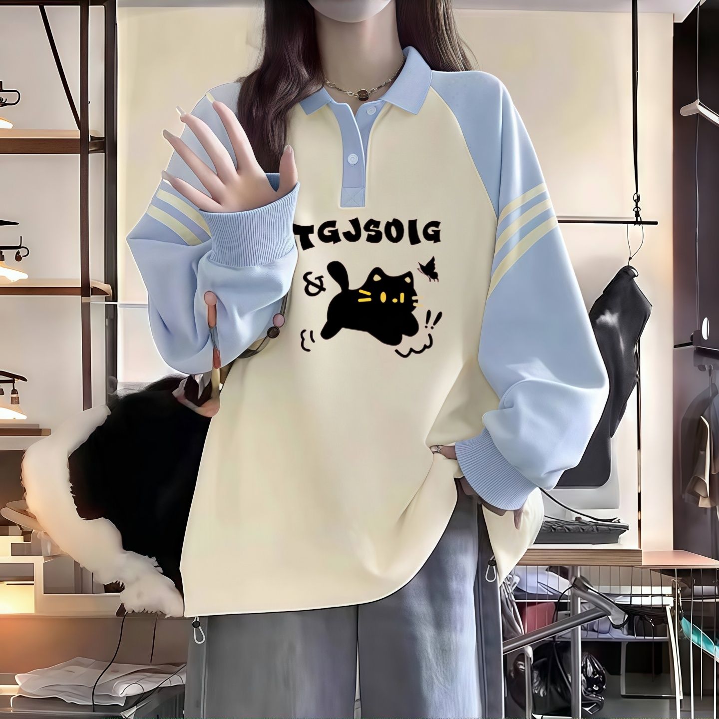 拼接撞色插肩Polo领卫衣女秋冬新款初中高中学生宽松加绒长袖上衣