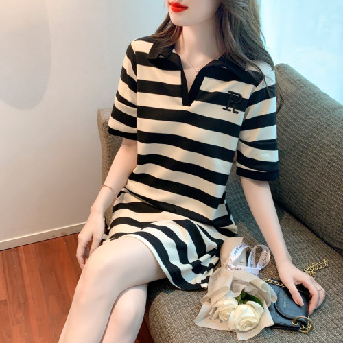polo领条纹短袖t恤女宽松