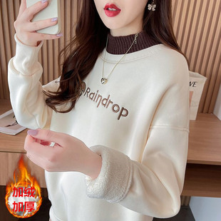 羊羔毛加绒半高领卫衣女秋冬季2024新款爆款宽松初中高中学生上衣